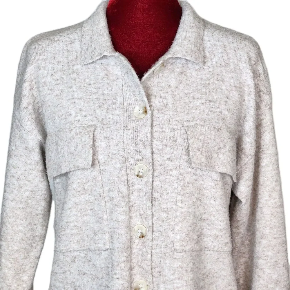 Lulus Everyday Cozy Heather Beige Knit Shacket Oversized Button-Up Sweater Small - Picture 3 of 12